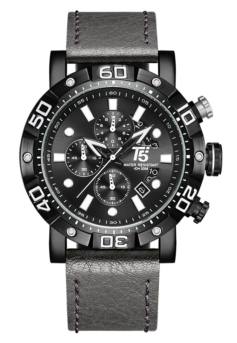 T5 - Jam Tangan Pria - Black - Grey Leather Strap - H3855G-C