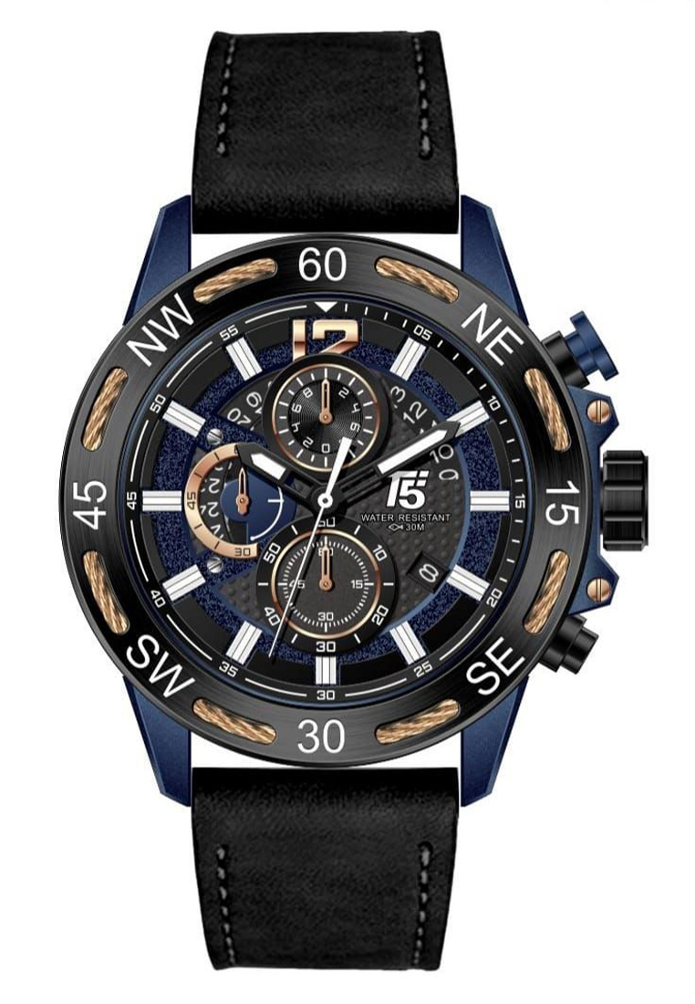 T5 - Jam Tangan Pria - Blue - Black Leather Strap - H3807G-C