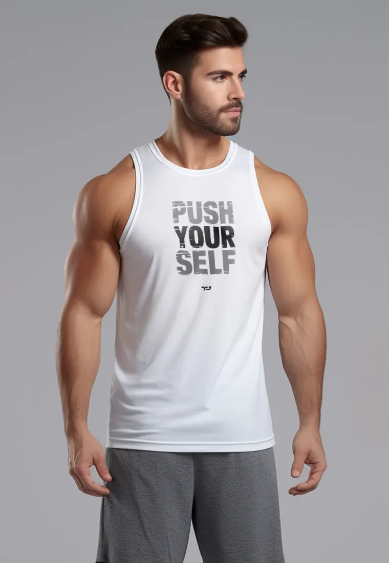 TD Active MSA54 kaos fitnes pria 4way stretch nanoamid anti bau "push yourself " putih