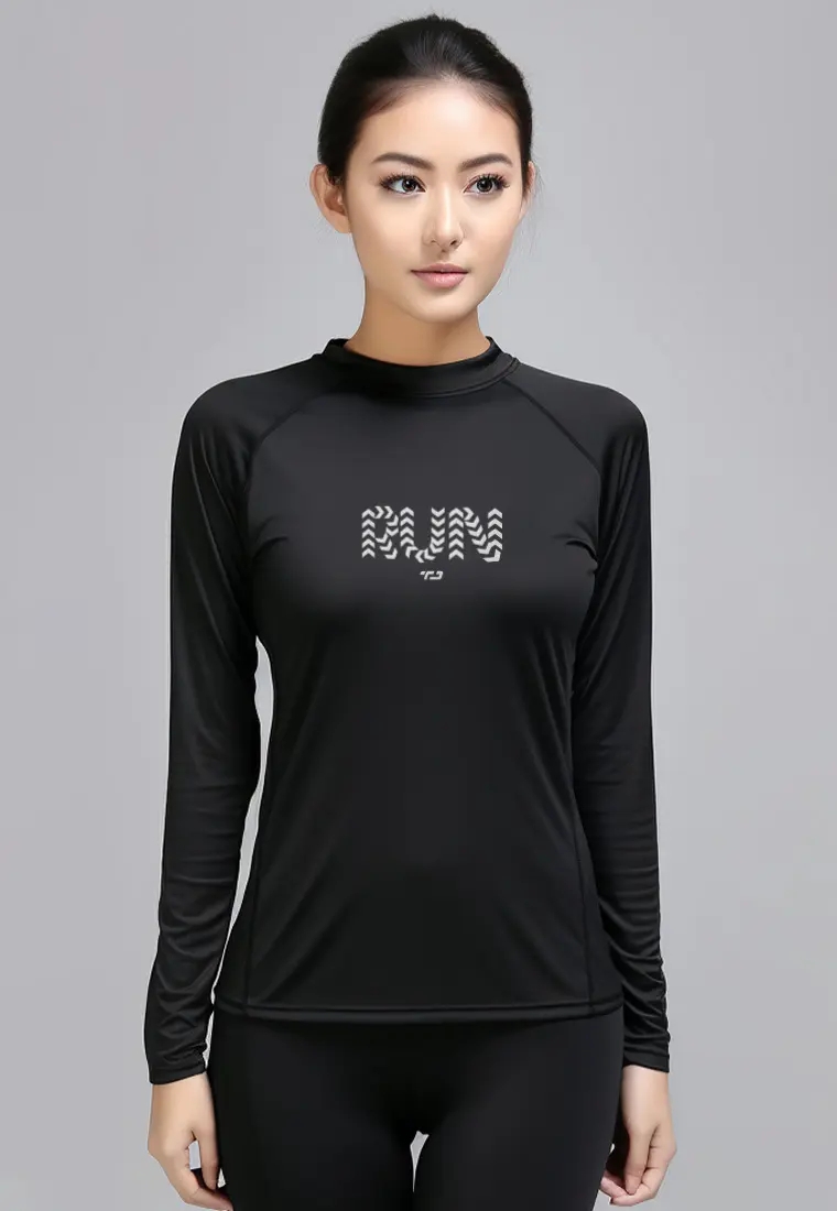 TD Active LSD18 baju lari wanita lengan panjang jersey stretch "run dots" hitam