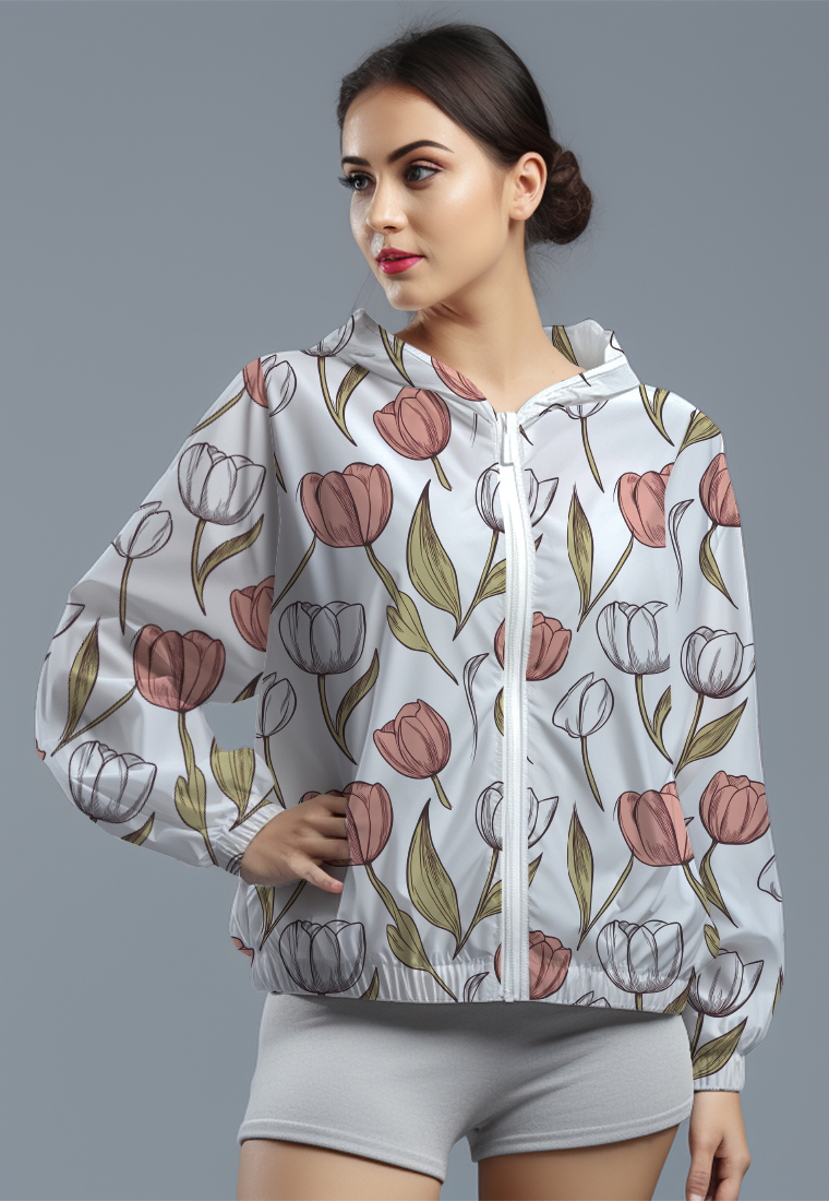 TD Active LSD82 jaket lari wanita parasut motif "white orange roses" putih multicolor