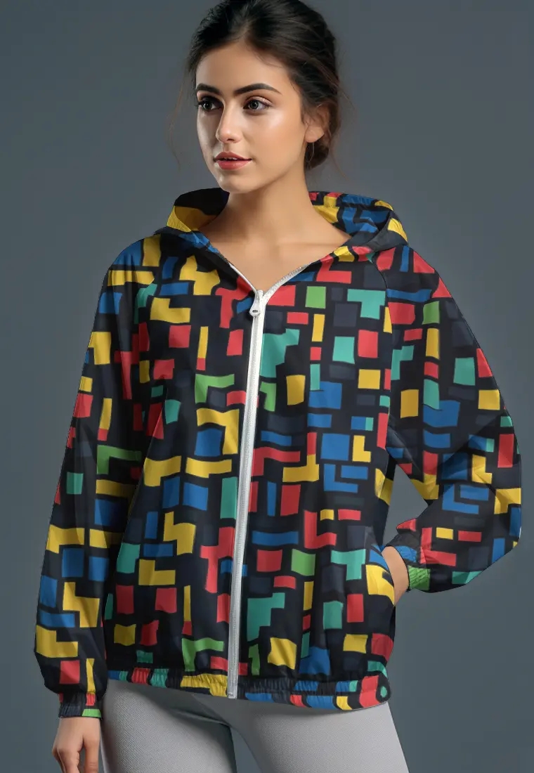TD Active LSC95 jaket lari wanita parasut motif "tetris colorful" hitam multicolor