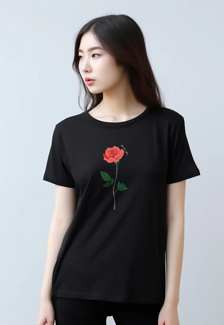 Third Day LTG44 Kaos Wanita Gambar Bunga Rose instacool ss hitam