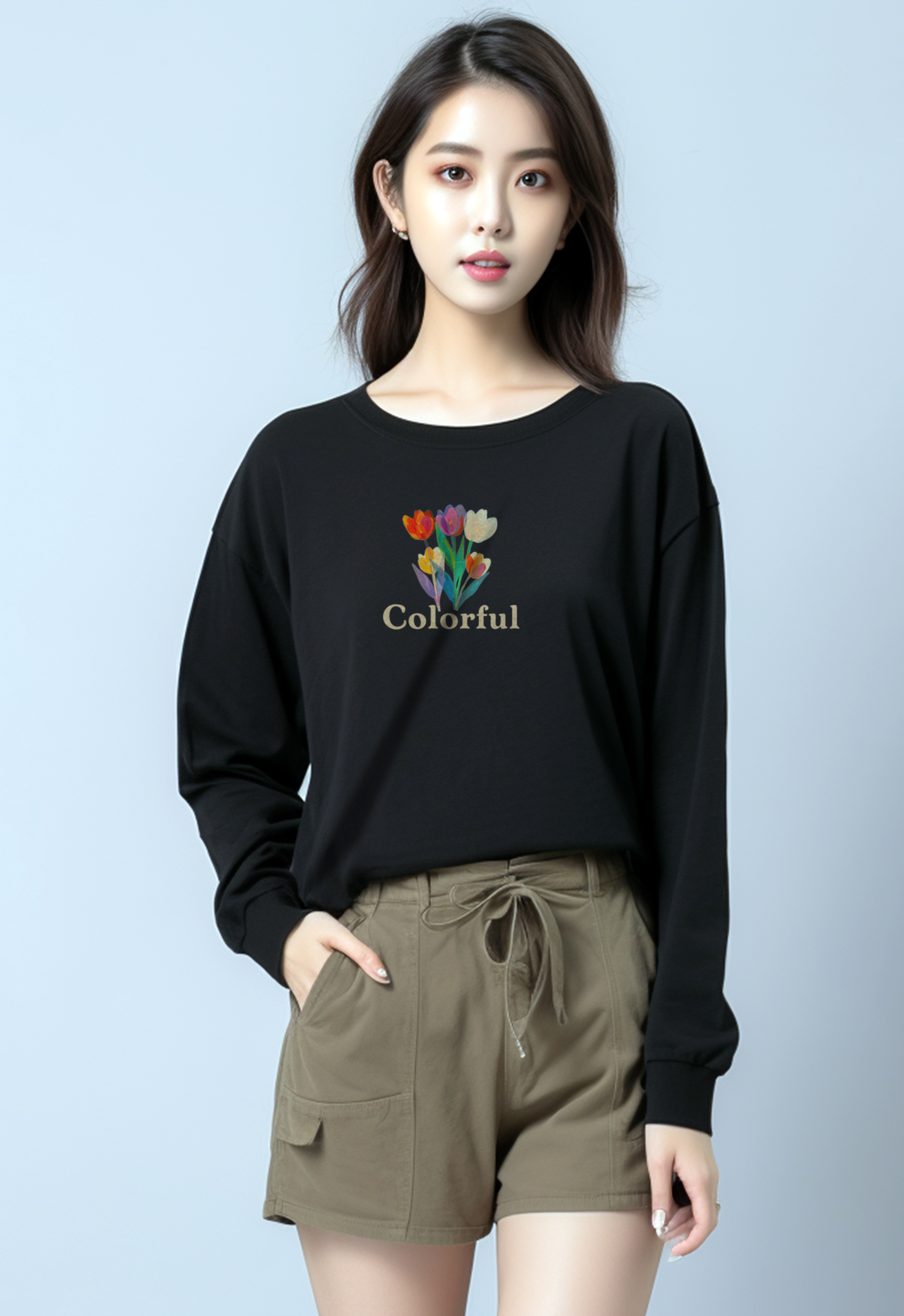 Third Day LTF74 Kaos Wanita Gambar Bunga Lengan Panjang "colorful tulip" hitam