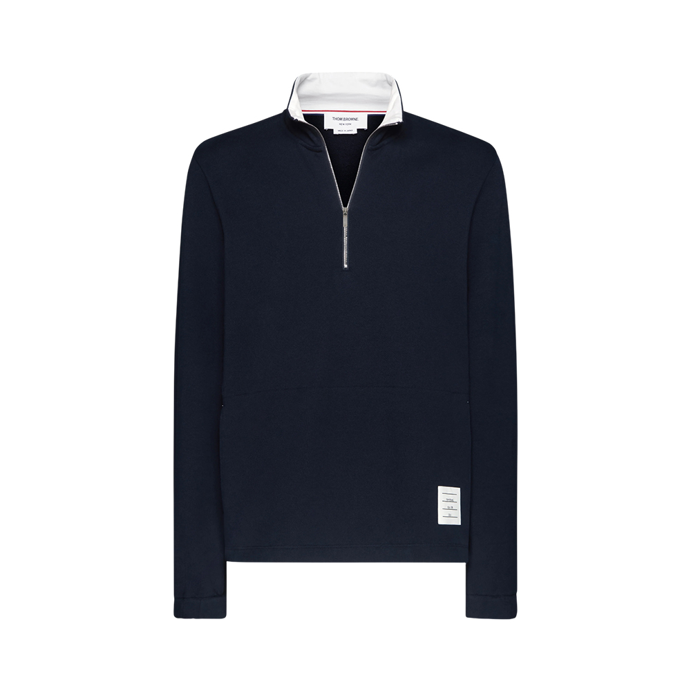 Thom Browne Classic 4-Bar Funnel Neck Half Zip Jersey Pullover Navy