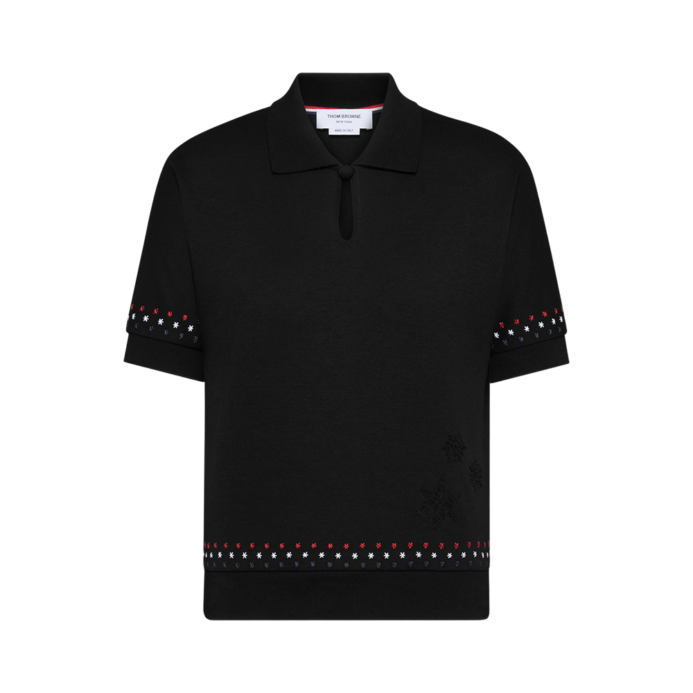 Thom Browne Cotton Milano Stars & Snowflake Embroidery Polo Shirt Black