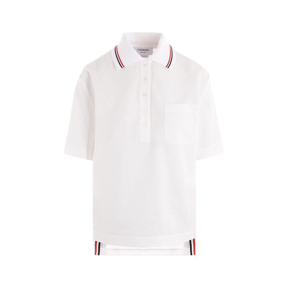 Thom Browne Seersucker Knit Collar Polo Shirt White