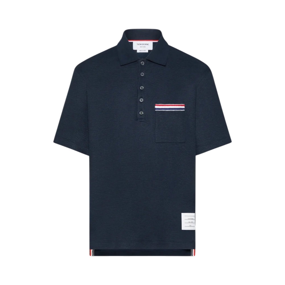 Thom Browne Textured Cotton Linen RWB Embroidery Polo Shirt Navy