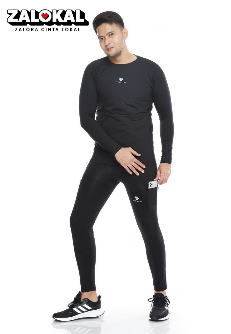 Tiento Baselayer Manset Olahraga Long Sleeve Black Evolution dan Celana Legging Long Pants 1 Set