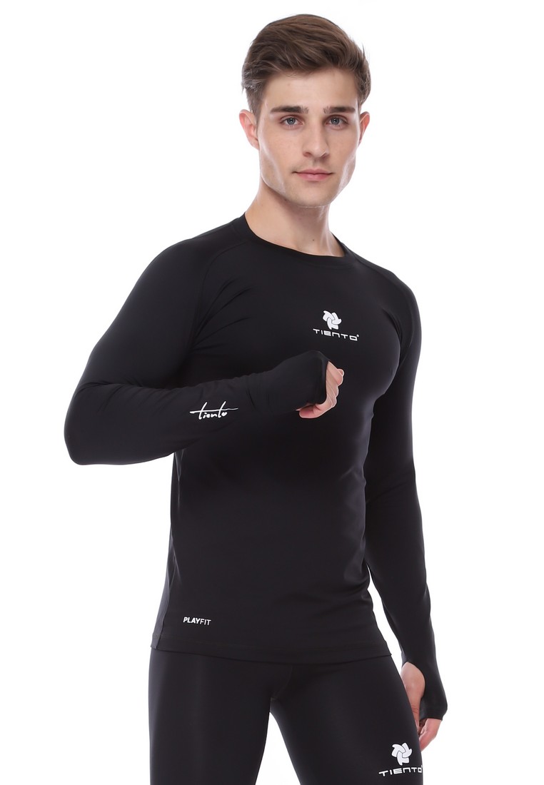 Tiento Man Baselayer Sport Rashguard Thumbhole Black Manset Olahraga Pria Lubang Jari Original