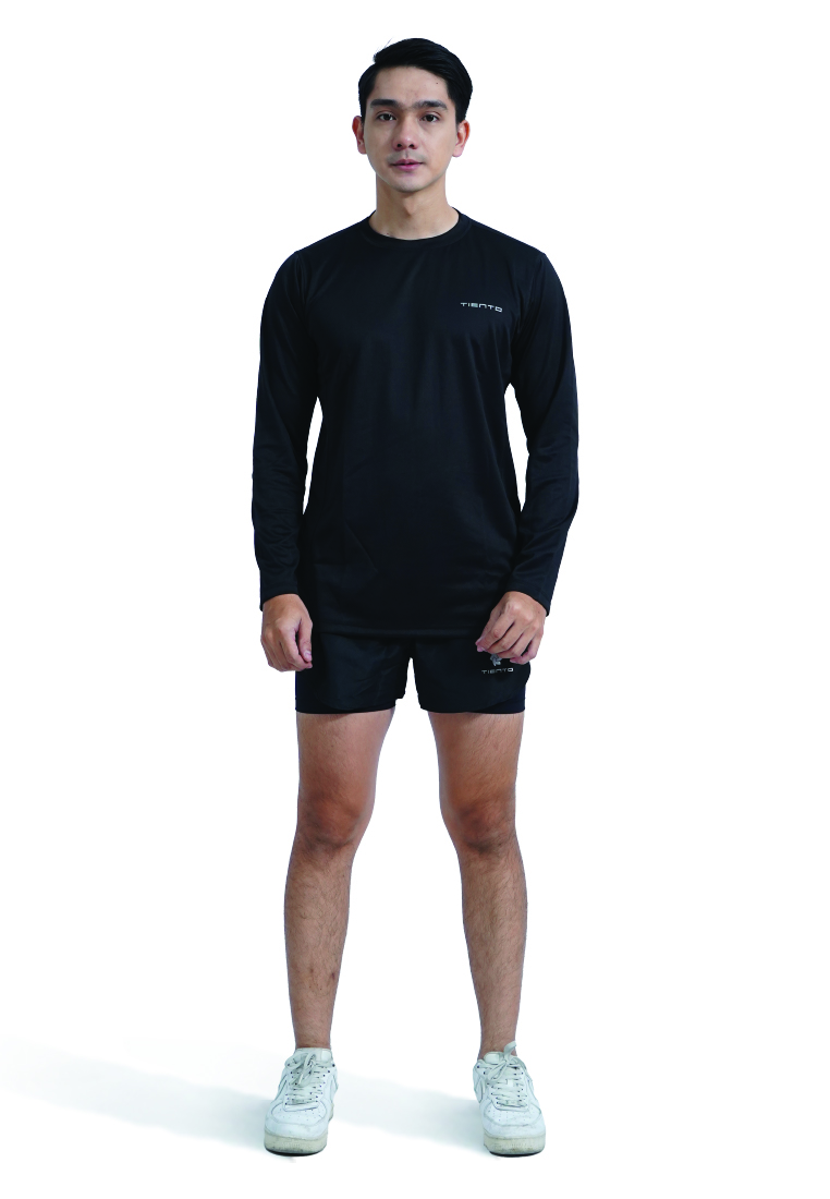 Tiento Setelan Olahraga Kaos Lari Dry Fit Lengan Panjang Hitam Baju Running Celana Pendek Hitam Fitn