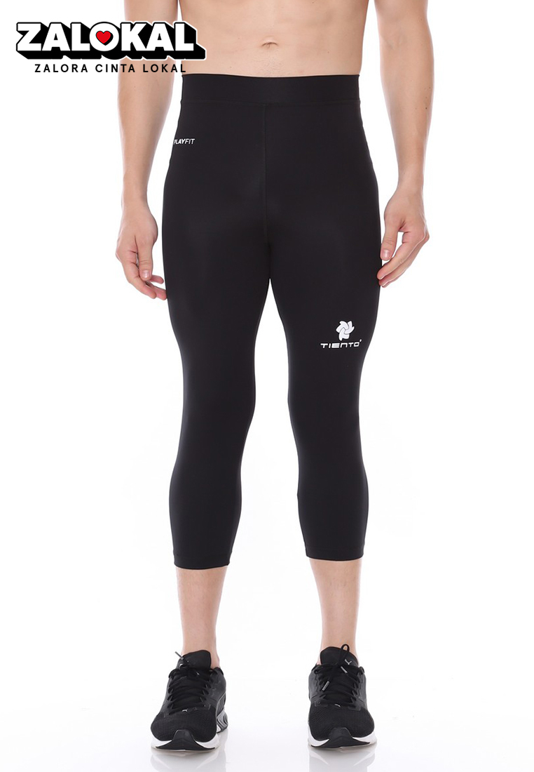 Tiento Man Compression 3/4 Pants Black White Celana Legging Leging Lejing Sebetis Pria Olahraga Lari