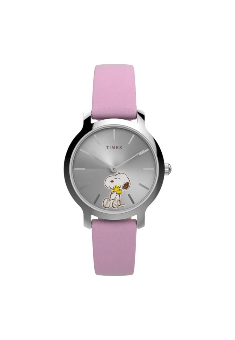 Timex Jam Tangan Wanita Timex X Peanuts Snoopy Hug TW2Y26000 Silver Dial Pink Leather Strap