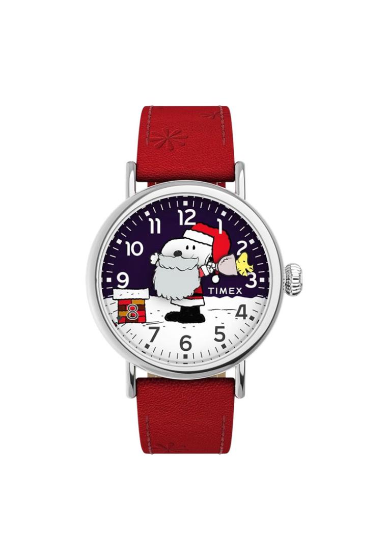 Timex Jam Tangan Pria Timex X Peanuts Snoopy Santa TW2W44400 Blue Dial Red Leather Strap