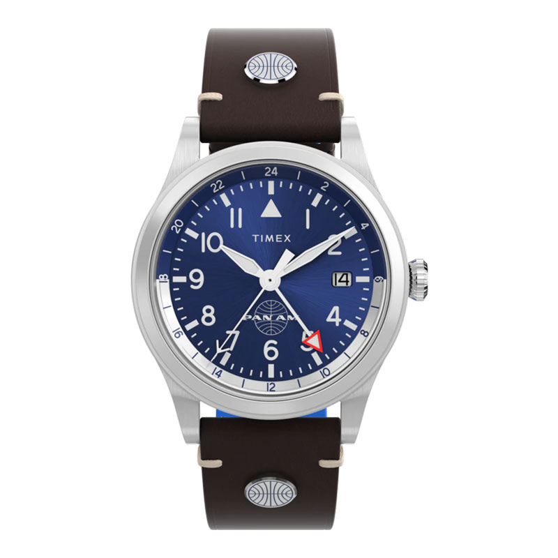 Timex Jam Tangan Pria Timex Waterbury x Pan Am TW2W97300 GMT Blue Dial Black Brown Leather Strap