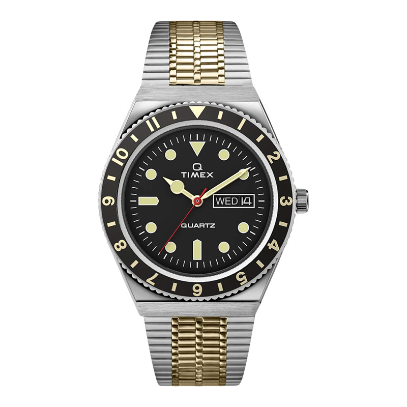 Timex Jam Tangan Pria Timex Q Reissue TW2V18500 Black Dial Dual Tone Stainless Steel Strap