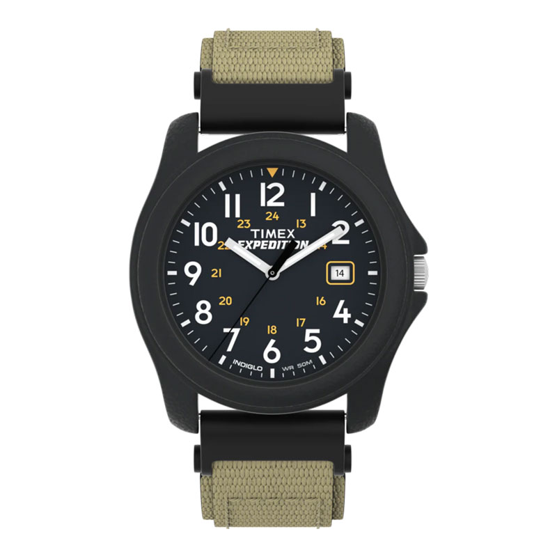 Timex Jam Tangan Pria Timex Expedition Camper T42571 Indiglo Black Dial Khaki Fabric Strap