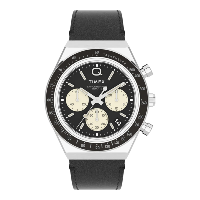 Timex Jam Tangan Pria Timex Q TW2V42700 Men Catch A Panda Chronograph Black Dial Black Leather Strap