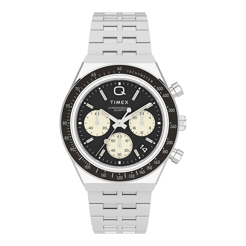Timex Jam Tangan Pria Timex Q TW2V42600 Catch A Panda Chronograph Black Dial Stainless Steel Strap
