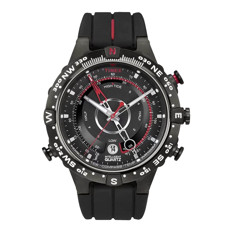 Timex Jam Tangan Pria Timex Intelligent T2N720 Tide Temp Compass Black Dial Black Rubber Strap