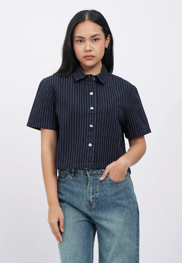 Tirajeans Loose Crop Denim Shirt Dark Blue