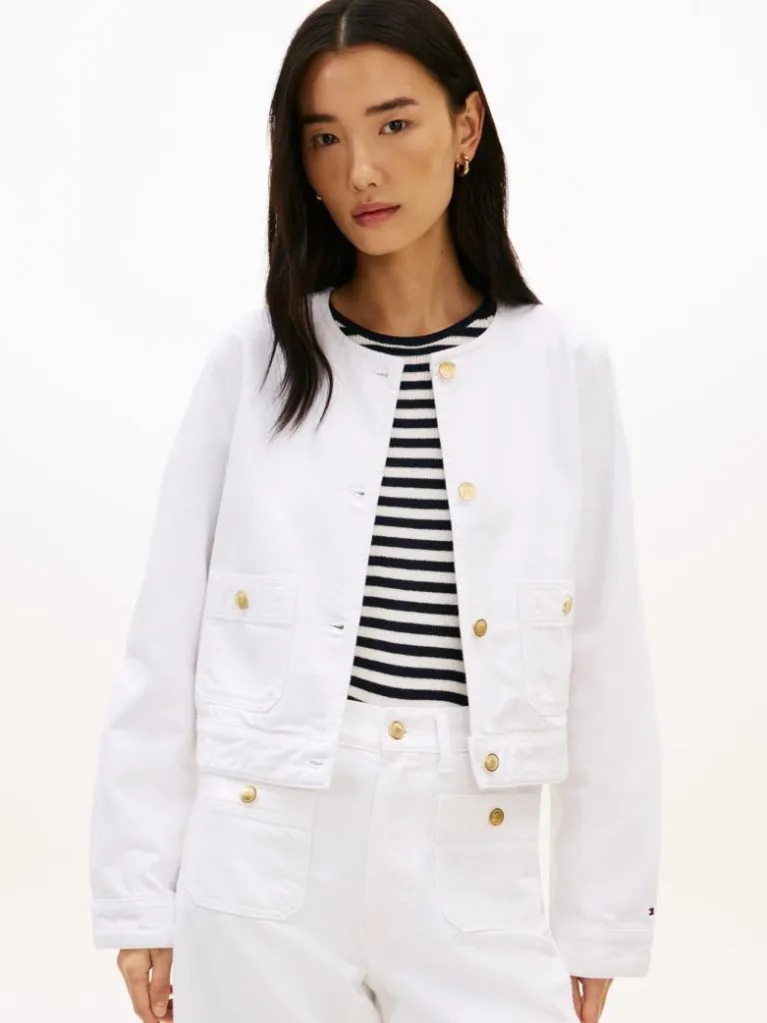 Tommy Hilfiger - Gold-Tone Button Collarless Denim Jacket