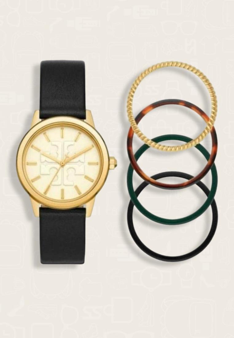 TORY BURCH Jam Tangan Wanita Tory Burch Gigi Leather Strap Black Gift Set