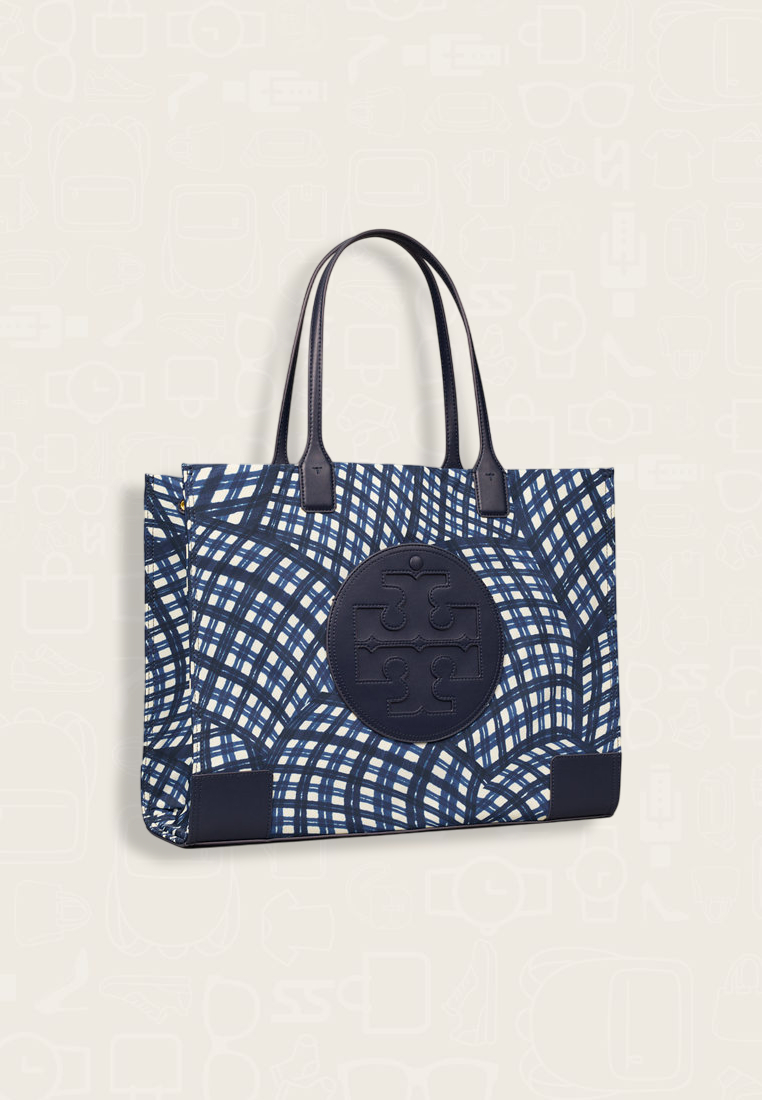 Tory Burch Ella Printed Tote Navy Warped Gingham