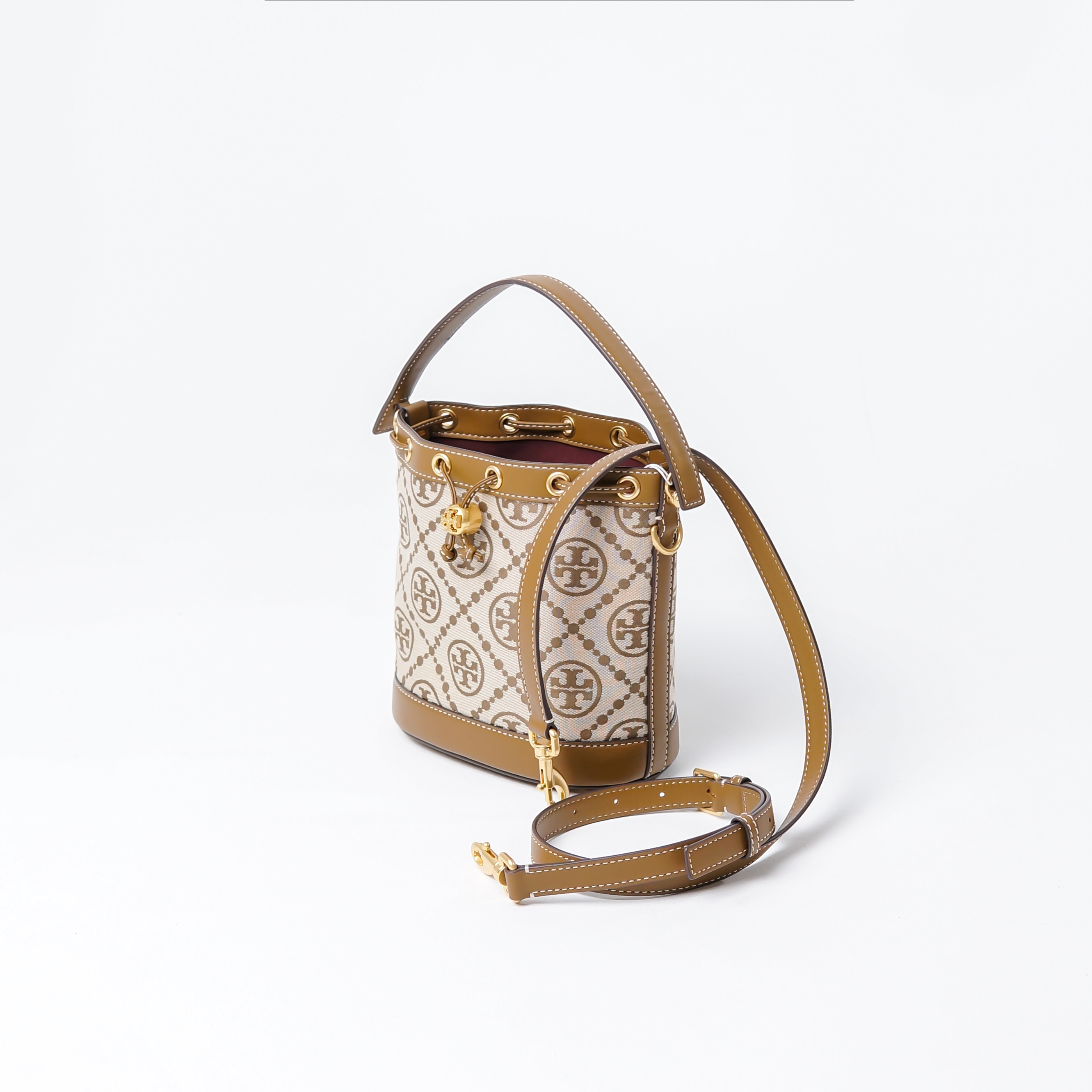 TORY BURCH Tas TORY BURCH MONOGRAM BROWN CAMEL BUCKET BAG 100% ORIGINAL