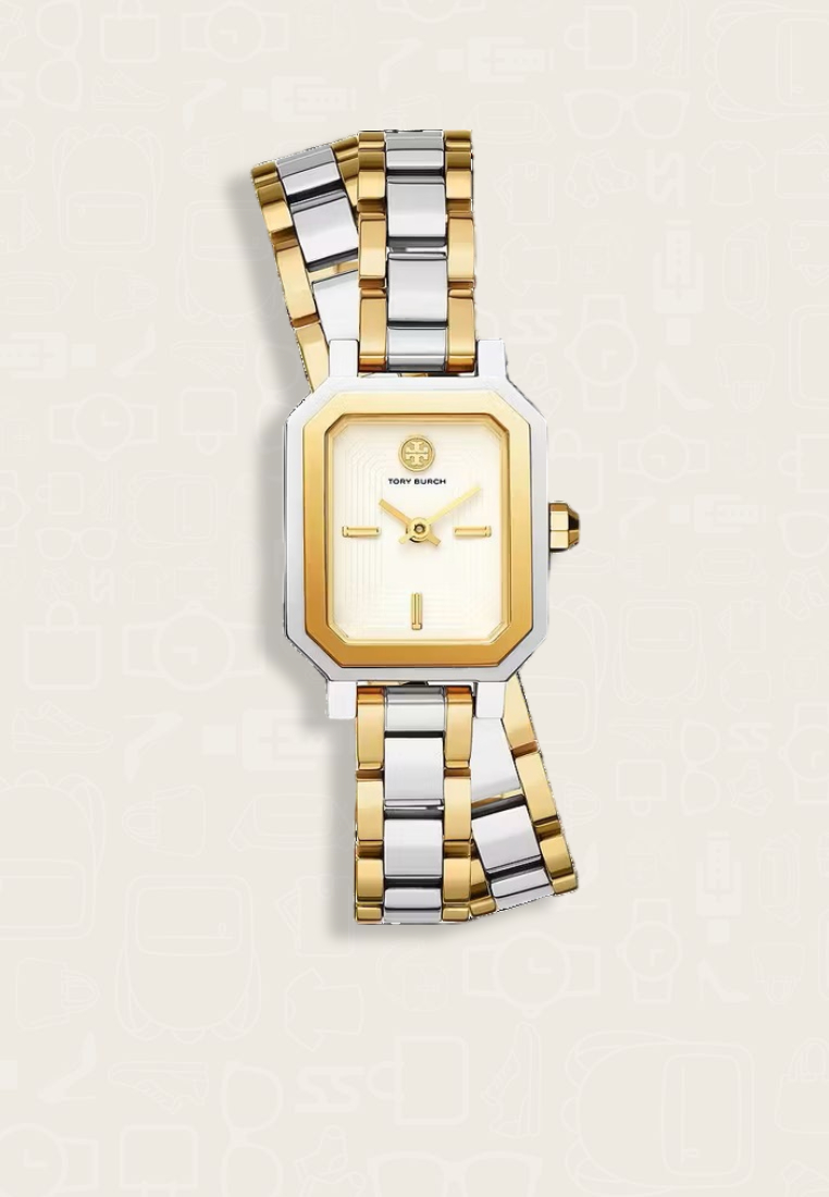 TORY BURCH Jam Tangan Wanita Tory Burch Robinson Two-Tone Stainless Steel Double Wrap Bracelet Watch