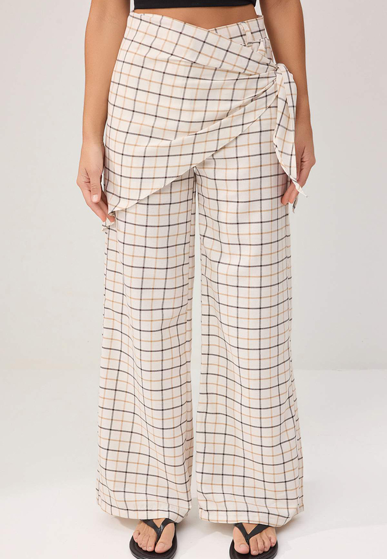 Trendyol White-Multicolor Scarf Plaid Wide-Leg Trousers Twoss26Pl14
