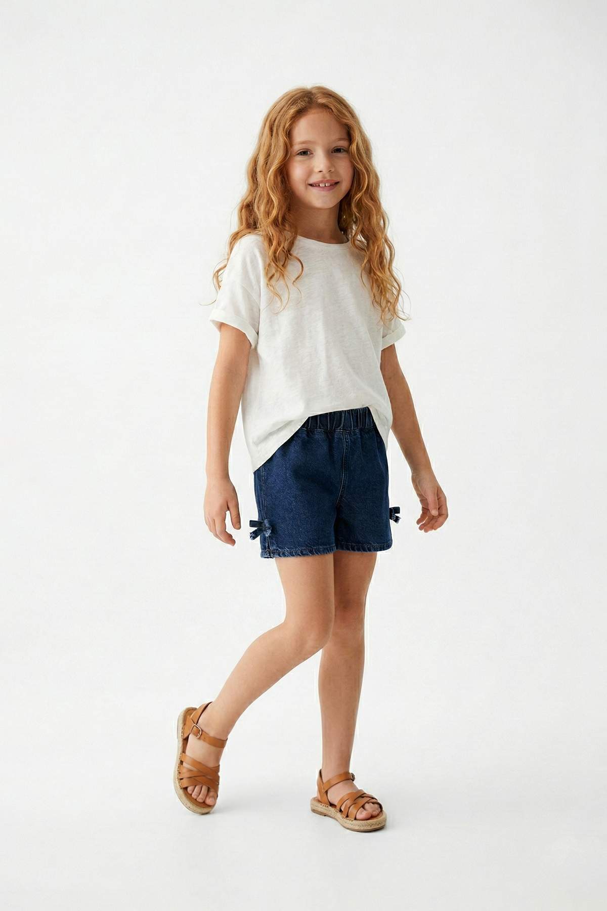 Trendyol Indigo Girls' Ribbon Detailed Elastic Waist Plain Denim Holiday Shorts & Bermuda Shorts Tkd
