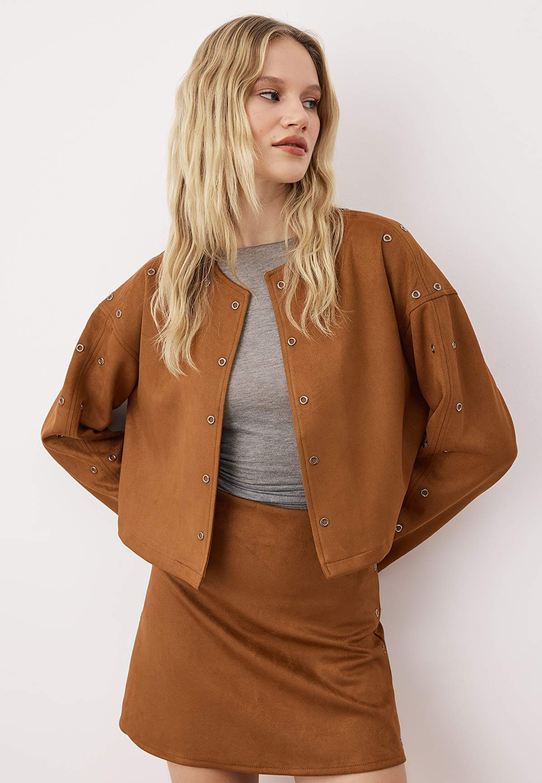 Trendyol Camel Eyelet Accessory Woven Suede Jacket
