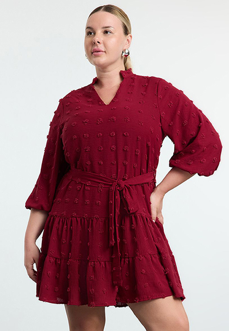 Trendyol Burgundy V Neck Balloon Sleeve Belted Pompom Woven Mini Plus Size Dress TBBAW25AH00053