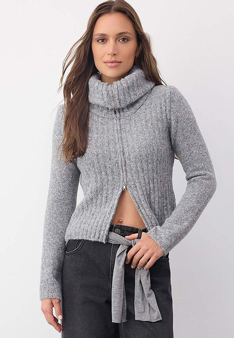 Trendyol Wardrobe Essentials Dark Gray Wool-Blend Beard/Fuzzy Yarn Zippered Knit Cardigan | Twoaw26H