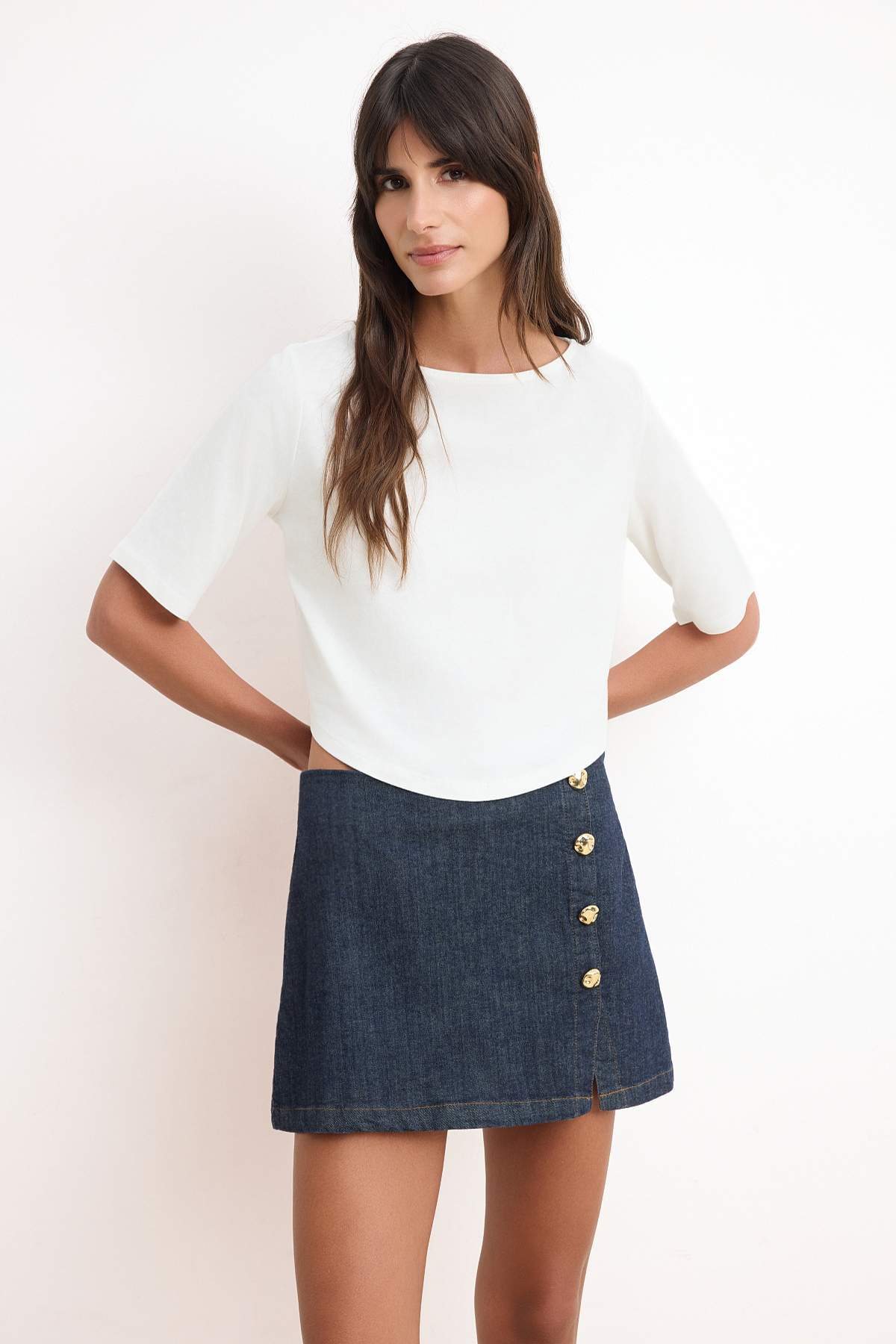 Trendyol Ecru Plain Regular Crew Neck Standard Sleeve Three Quarter Sleeve 1% Cotton Knitted T-Shirt