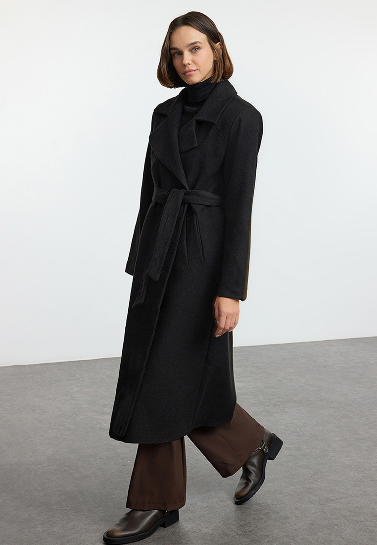 Trendyol Black Belted Regular Wool Long Coat Formal Lined Coat TWOAW25KB00100