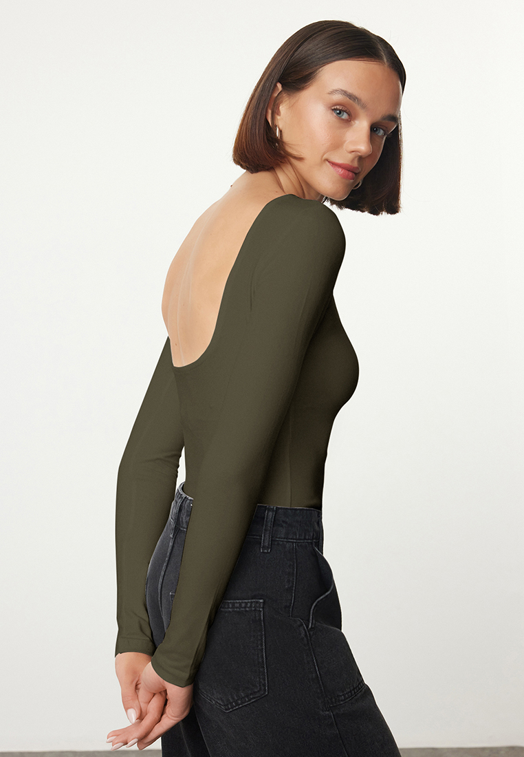 Trendyol Khaki Cotton Flexible Backless Fitted/Flexible Blouse Twoaw24Bz00160