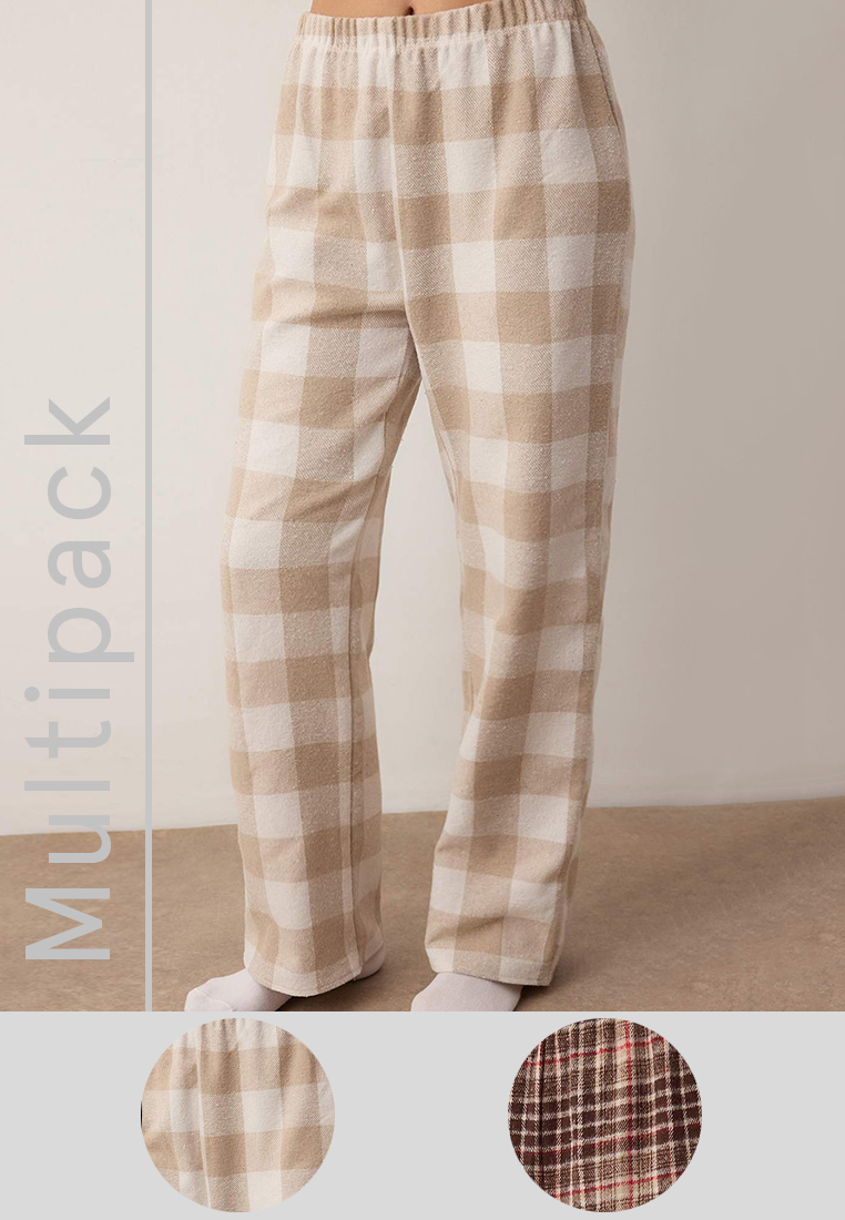 Trendyol Brown-Multicolor 2-Piece Cotton Plaid Flannel Woven Pajama Bottoms Thmaw26Pj7