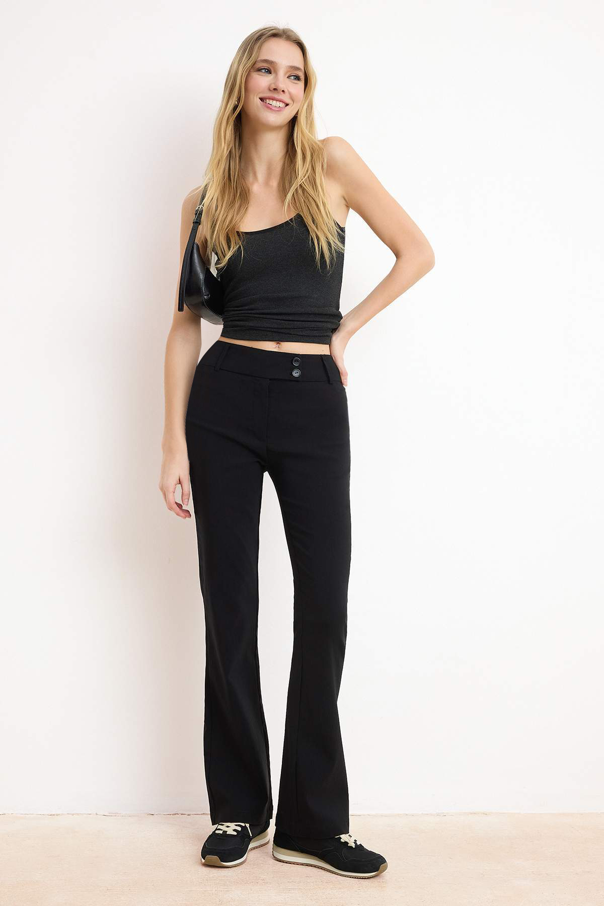Trendyol Black Bengaline Stretch Fabric Flare Low Waist Pants Twoss26Pl00006