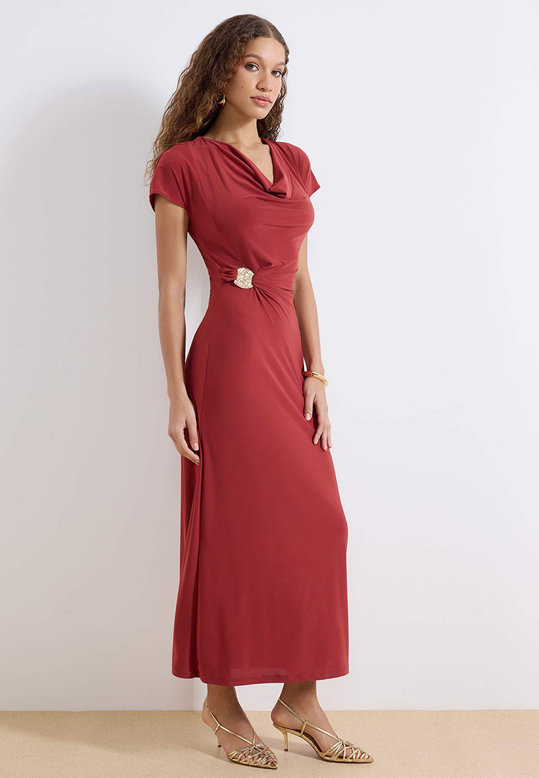 Trendyol Tile A-Line/Bell-Shaped Form Degaje Collar Accessory Detail Maxi Stretchy Knitted Dress Two