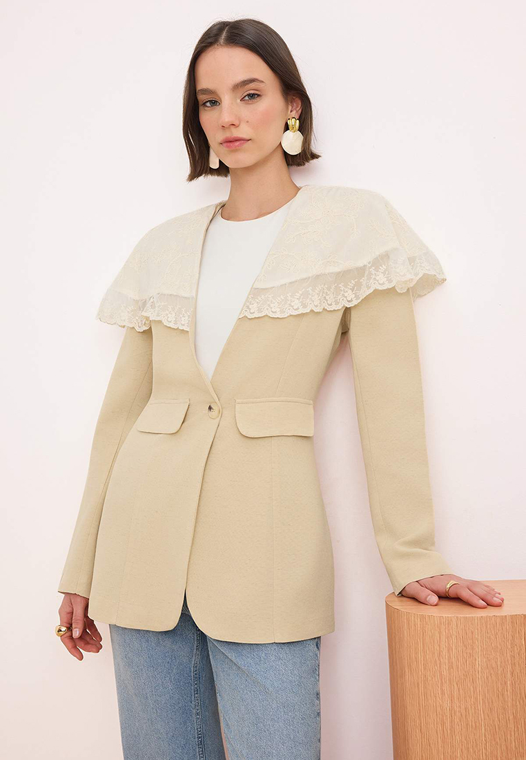 Trendyol Beige Regular Linen-Look Woven Lace Cape Detailed Tctss26Ck00003