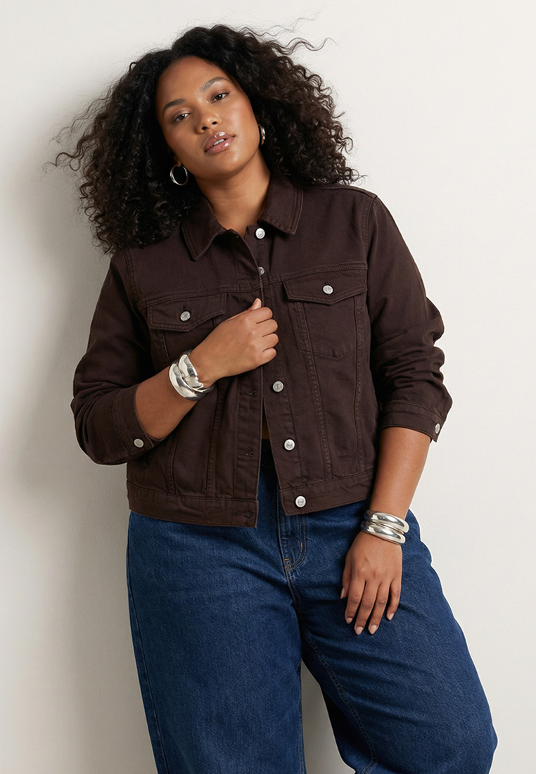Trendyol Brown Stretchy Crop Plus Size Denim Jacket Tbbss25Ag00007