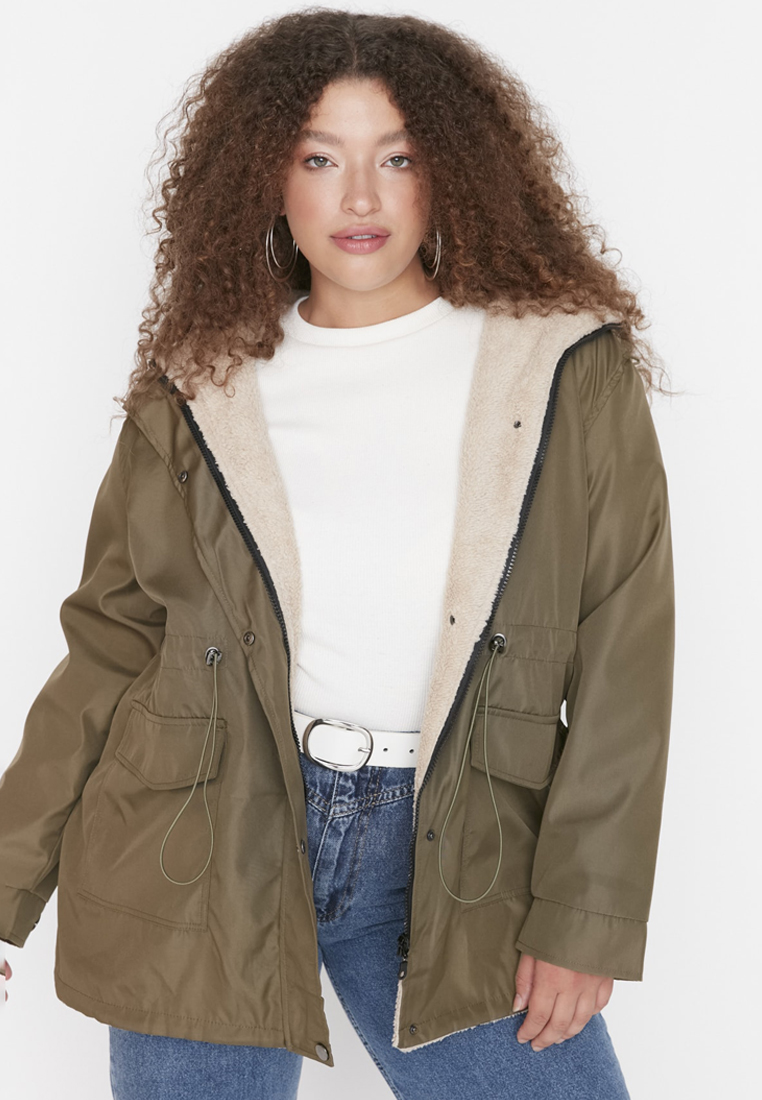Trendyol Khaki Regular Fit Hooded Fur Inside Water Repellent Plus Size Parka Coat Tbbaw23Kb00000