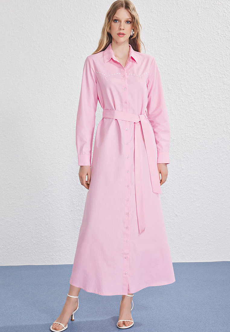Trendyol Pink Metal Stapler Detailed Terrycotton Woven Dress TCTSS25EB00133