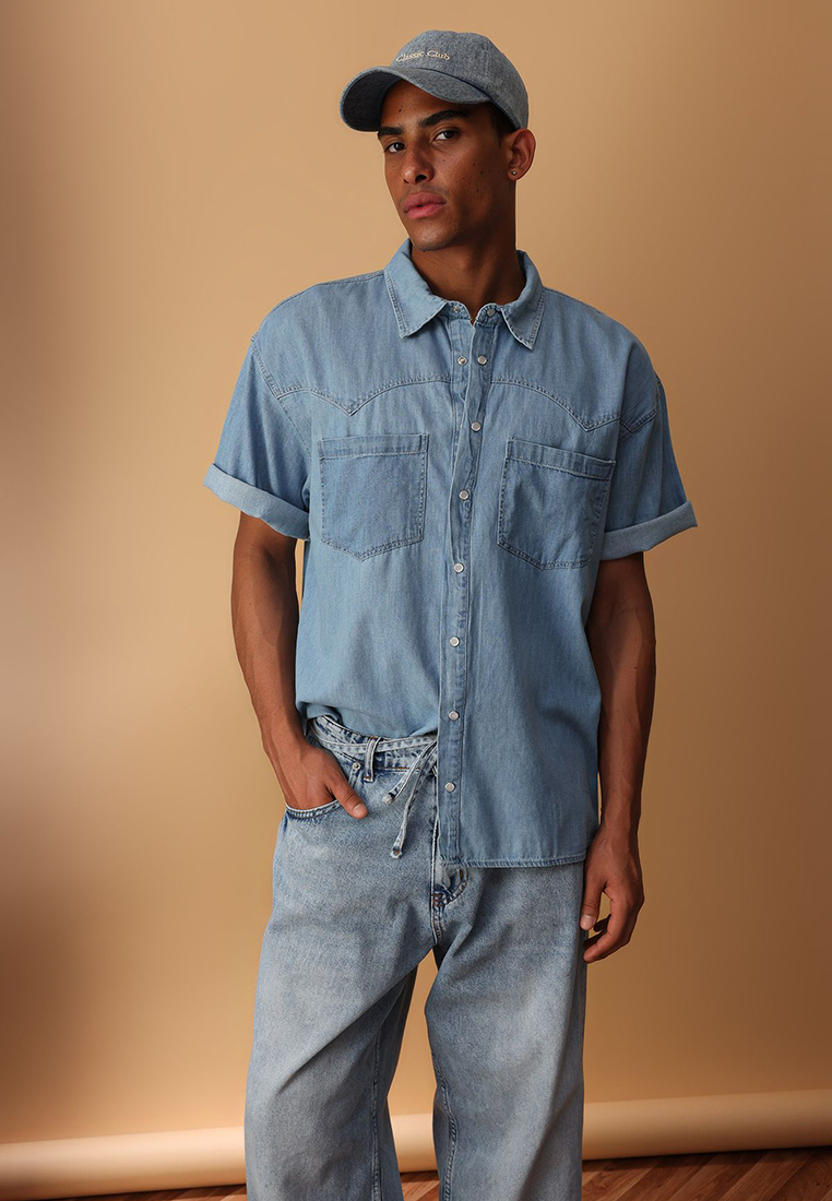 Trendyol Blue Wide Fit Short Sleeve Western Denim Jeans Shirt TMNSS25GO00046