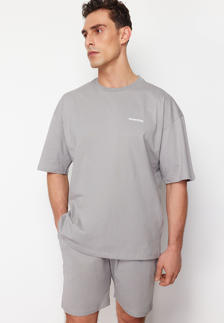 Trendyol Gray Tracksuit Set Oversize Text Printed 100% Cotton TMNSS24EM00003