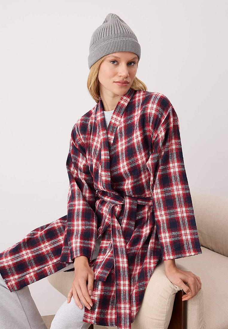 Trendyol Red-Multicolor Belted Plaid Winter Flannel Woven Robe