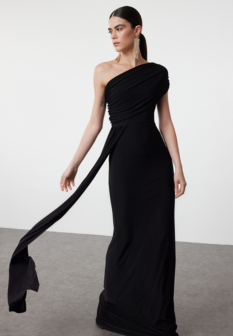 Trendyol Black Asymmetric Neckline Long Evening Dress Graduation Christmas Dress
