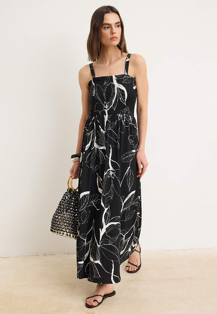 Trendyol Black Floral A-Line/A Bell Form Square Neck Thick Strap Sleeveless Midi Textured Knitted Dr
